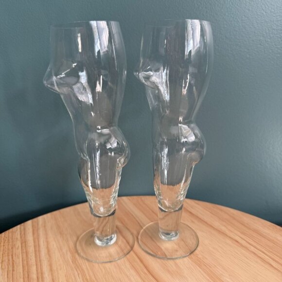 Vtg Clear Nude Nudies Female Torso Champagne Flutes Set Of 2 7 oz Clear - Picture 1 of 10